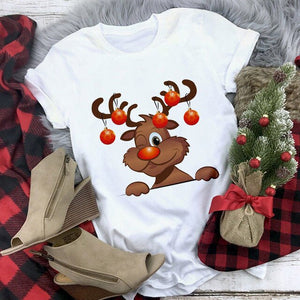 Lus Los 2019 new kawaii Christmas elk fashion Harajuku casual women tops Round neck cotton pure white wild women's t-shirt