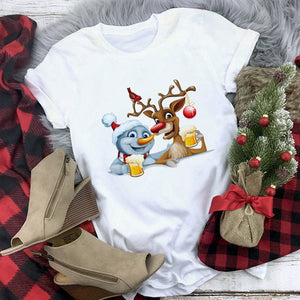 Lus Los 2019 new kawaii Christmas elk fashion Harajuku casual women tops Round neck cotton pure white wild women's t-shirt