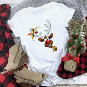 Lus Los 2019 new kawaii Christmas elk fashion Harajuku casual women tops Round neck cotton pure white wild women's t-shirt