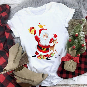 Lus Los 2019 new kawaii Christmas elk fashion Harajuku casual women tops Round neck cotton pure white wild women's t-shirt