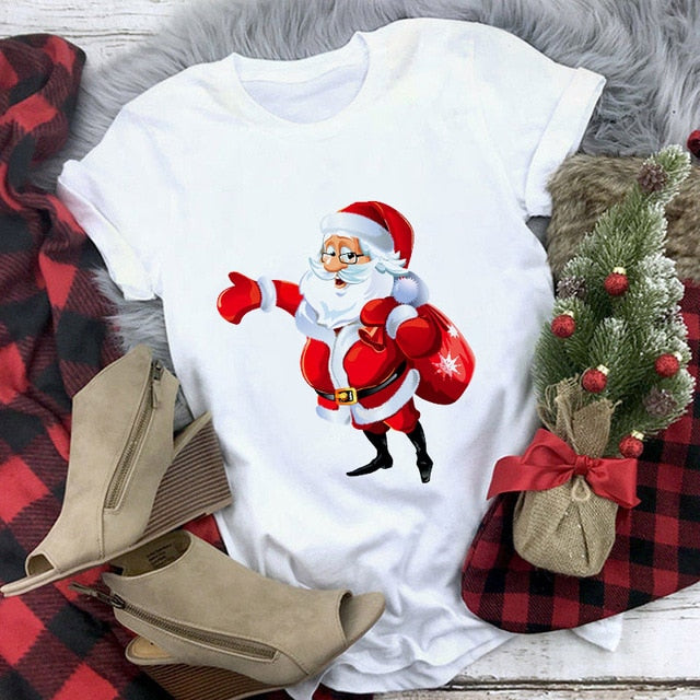 Lus Los 2019 new kawaii Christmas elk fashion Harajuku casual women tops Round neck cotton pure white wild women's t-shirt