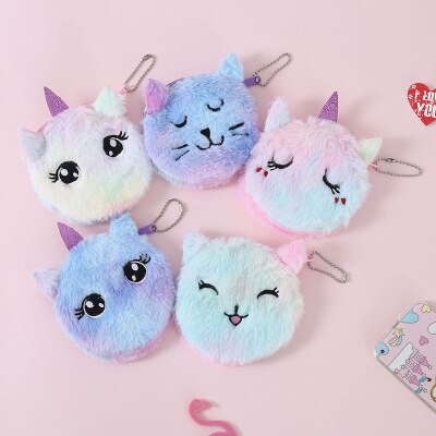 Cartoon Plush Unicorn Coin Purse Cute Cat Fur Circle Wallet Girl Clutch Embroidered Bag Key Earphone Organizer Pouch Kids Gift