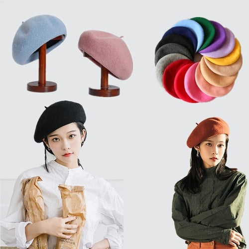 French Style Vintage Women's Beret Plain Cap Beanie Hat Girl's Wool Warm Winter Hat Beret Women Femme Hats Caps